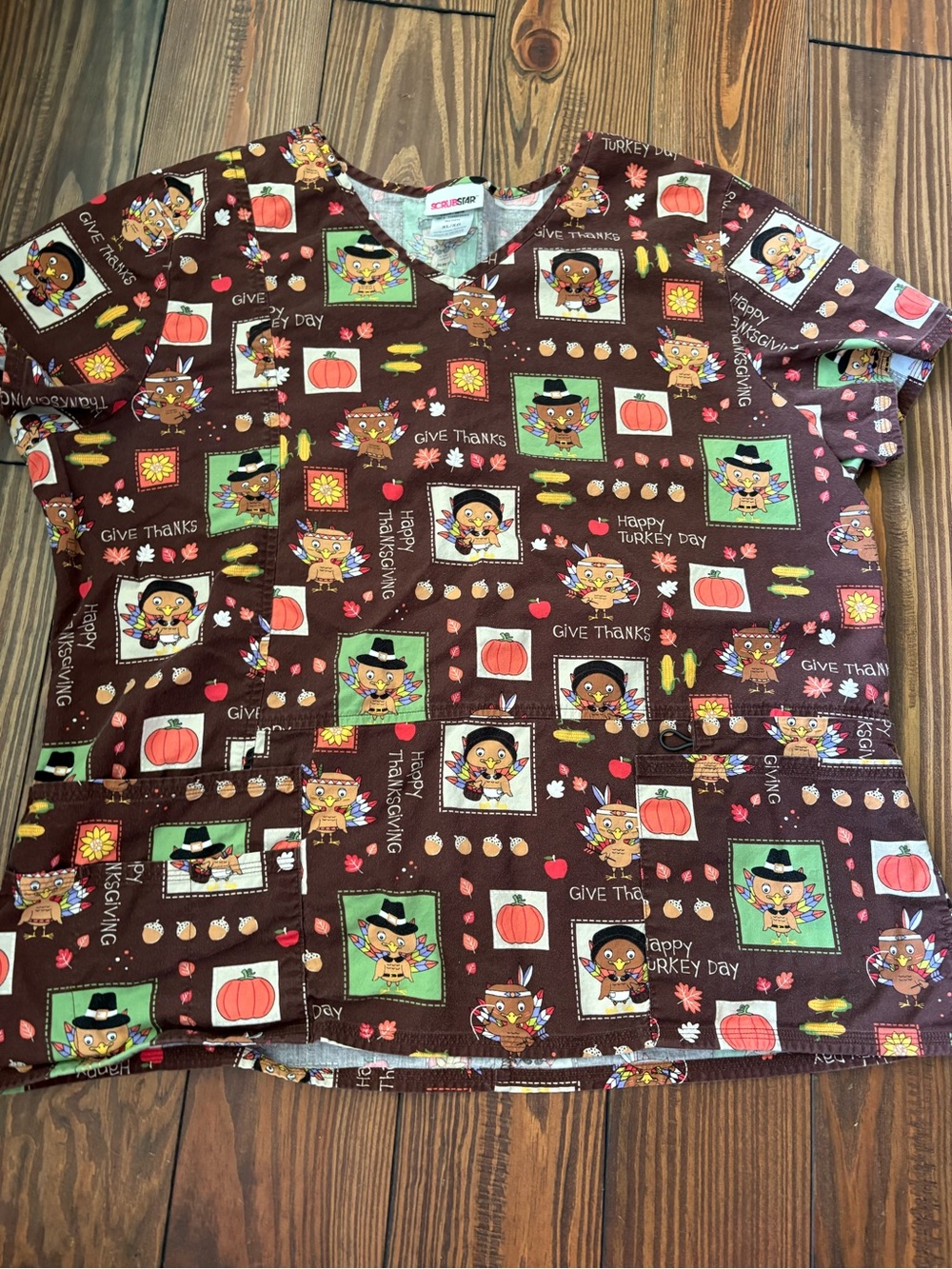 Scrubstar Brown Thanksgiving Turkey Print Short Sleeve Scrub Top
